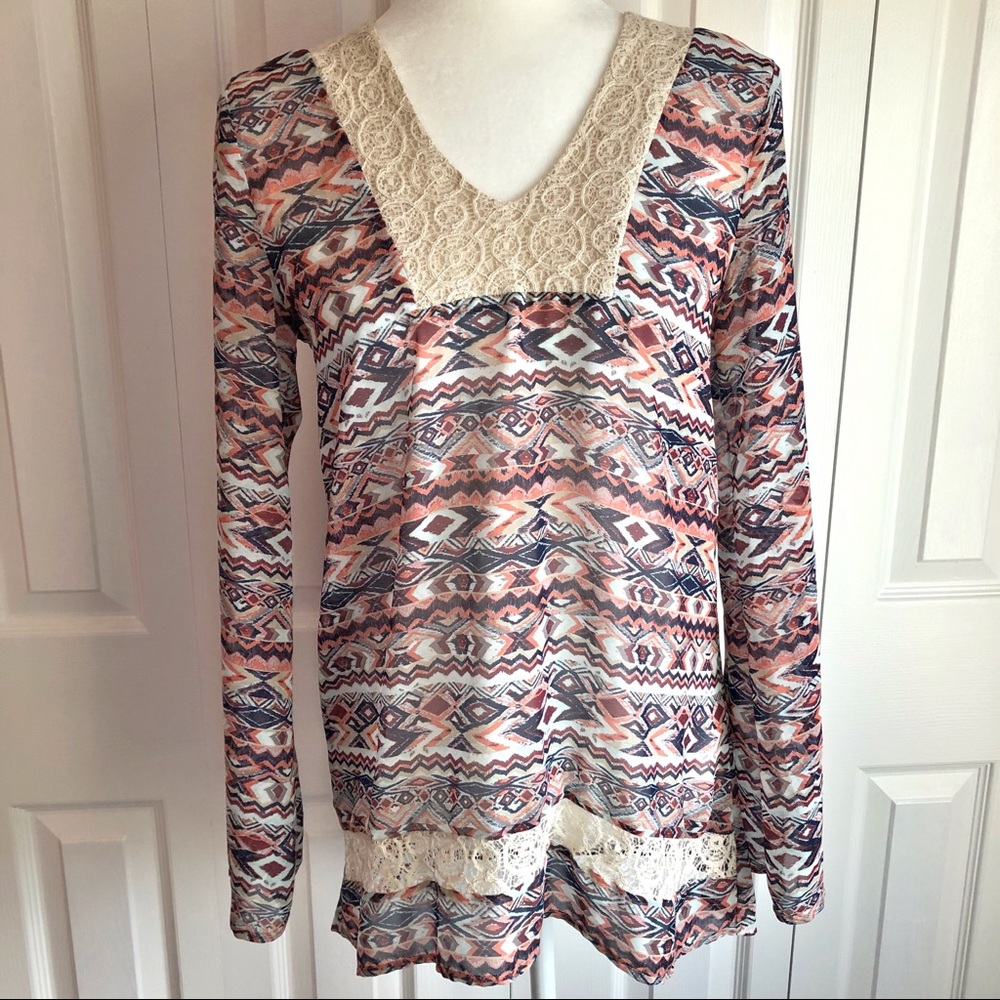 About a Girl Sheer Boho Aztec Print Tunic Blouse Small